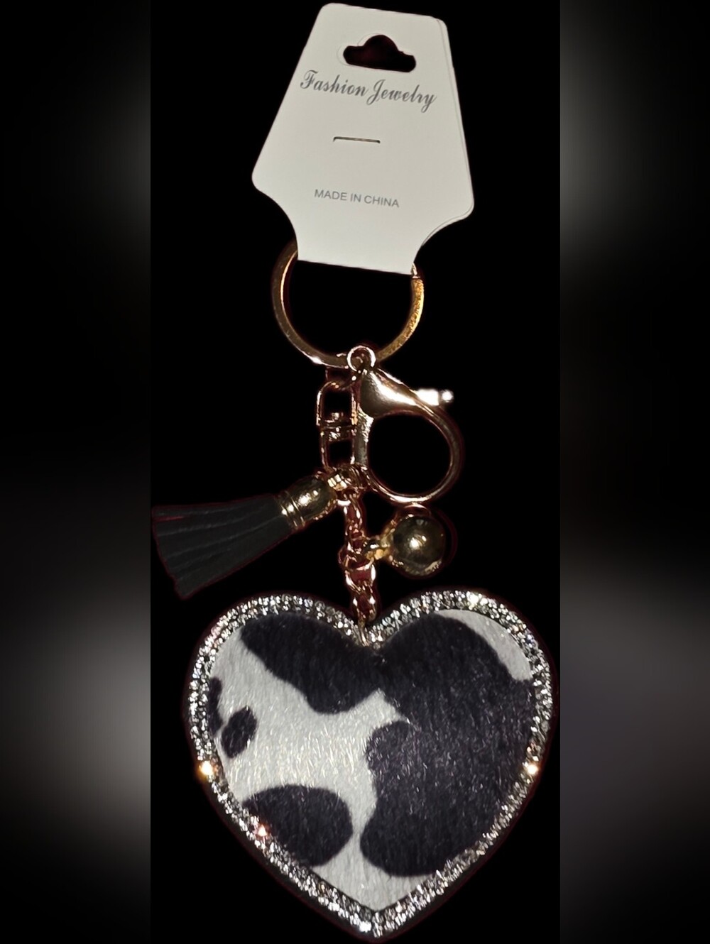 Heart Keychain w/Black & White Cow Print